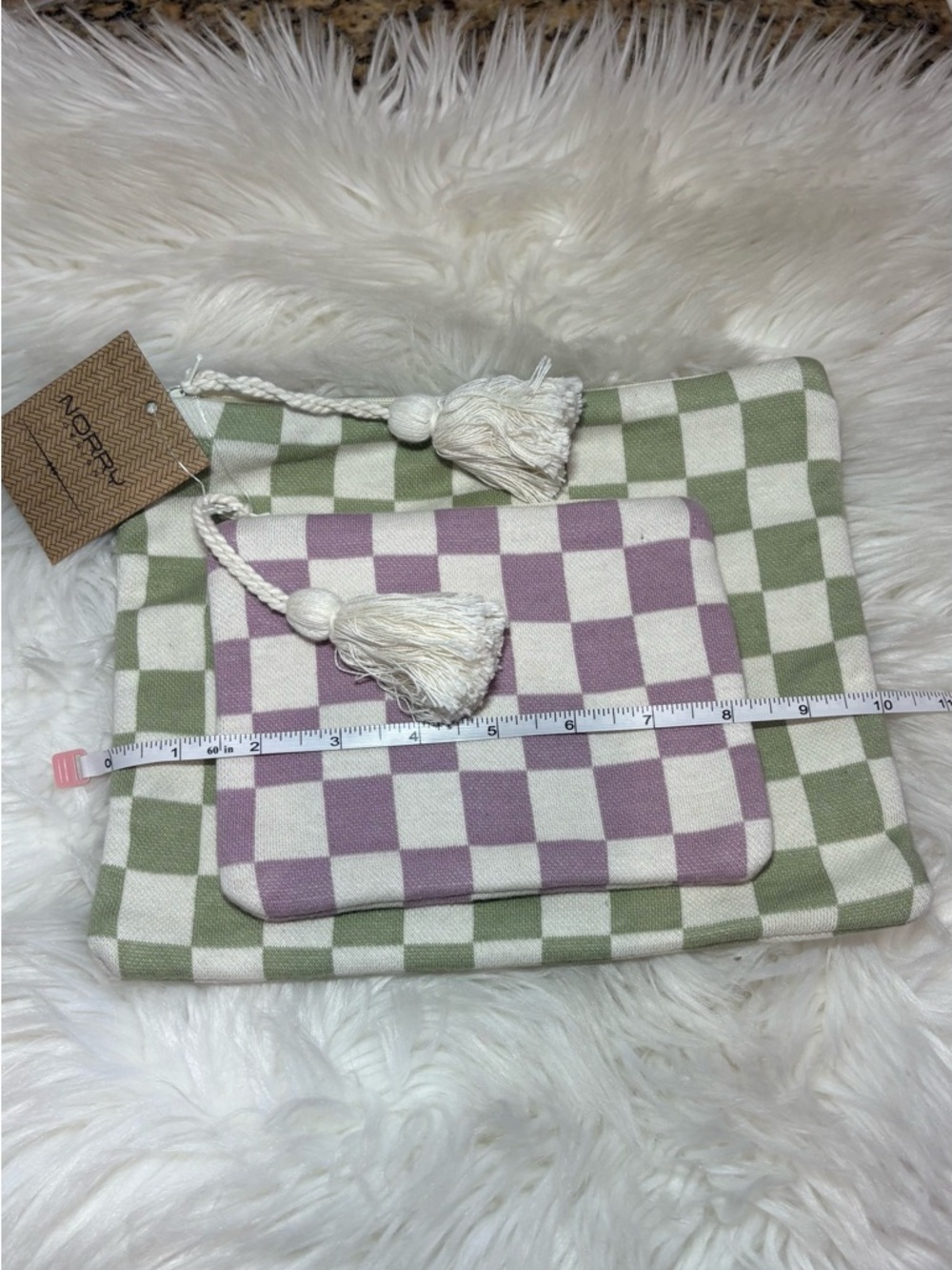 Checkered Cosmetic Pouch Set in Sage Green & Lavender Indian Artisans Unique - Picture 9 of 15